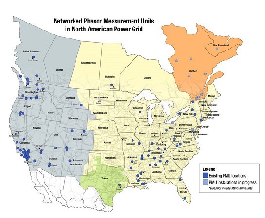 北美電網(wǎng)中已聯(lián)網(wǎng)的相位測(cè)量設(shè)備